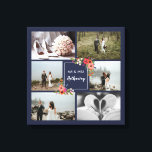 Lienzo Flores Boho - Collage de fotos Boda<br><div class="desc">Hermosa impresión de tela con un collage de seis fotos bodas. El collage es azul marino y está decorado con ilustraciones de encantadores ramos de flores bohemias. Agregue sus fotos bodas y su nombre en un guión de caligrafía encantadora.</div>