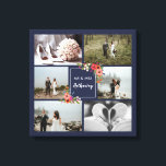 Lienzo Flores Boho - Collage de fotos Boda<br><div class="desc">Hermosa impresión de tela con un collage de seis fotos bodas. El collage es azul marino y está decorado con ilustraciones de encantadores ramos de flores bohemias. Agregue sus fotos bodas y su nombre en un guión de caligrafía encantadora.</div>