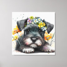 Flores de acuarela y cachorro de schnauzer 