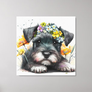 Lienzo Flores de acuarela y cachorro de schnauzer 
