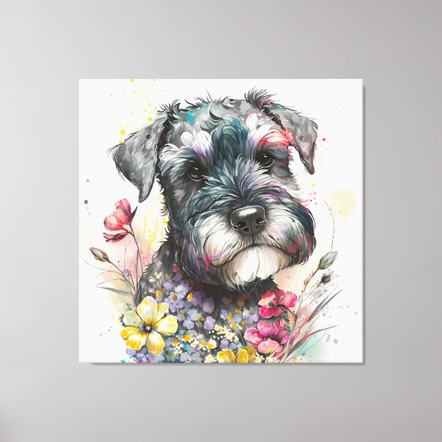 Lienzo Flores de acuarela y cachorro de schnauzer (Anverso)