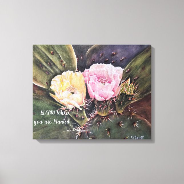 Lienzo Flores de cactus rosadas y amarillas en acuarelas (Anverso)