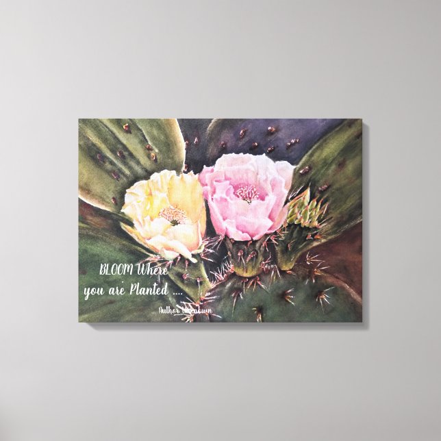 Lienzo Flores de cactus rosadas y amarillas en acuarelas (Anverso)