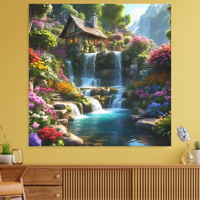Lienzo Flores de cascadas de cabaña de montaña tranquilas (Insitu (Sala de estar))