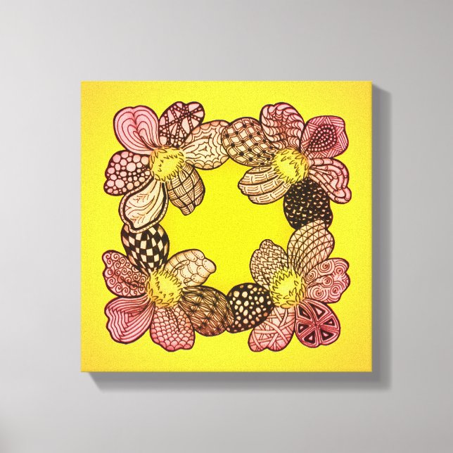 Lienzo Flores de Doodle en yegua, Naranja y oro (Anverso)