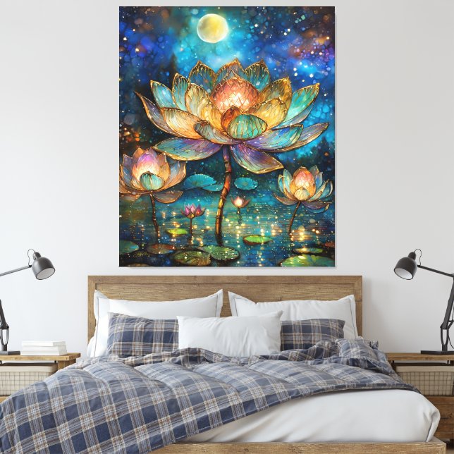 Lienzo Flores de Lotus de vidrio manchado en la luna (Insitu(Dormitorio))