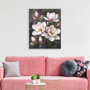 Lienzo Flores de Magnolia Rosadas Pintura al Óleo Floral