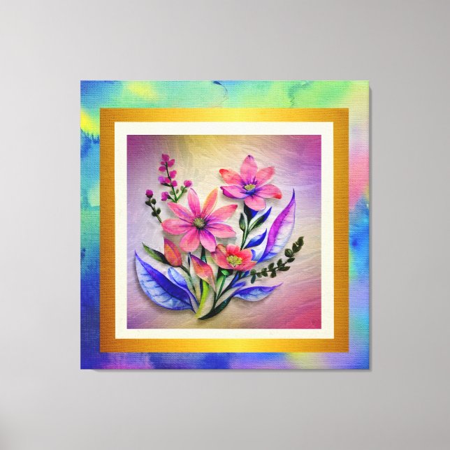Lienzo Flores de ramo de acuarela, fondo colorido (Anverso)