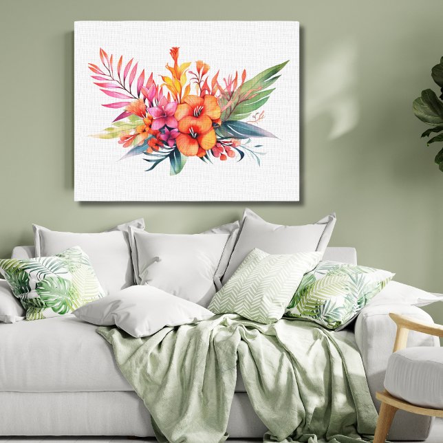 Lienzo Flores florales tropicales Naranja amarillo rosado (Tropical Floral Flowers Greenery in Wall Art Canvas. Colors are Pink Peach Orange Yellow Green)