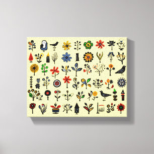 Lienzo Flores folclóricas y pájaros coloridos