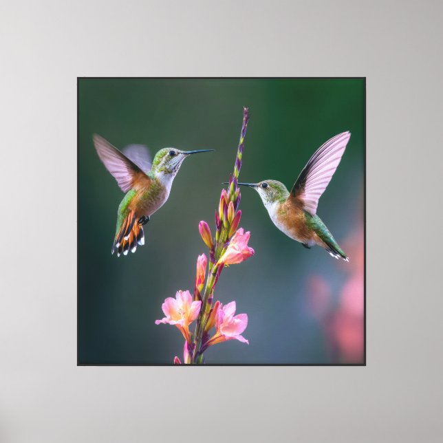 Lienzo Flores Gladiolo Colibríes Irisados Par (Anverso)