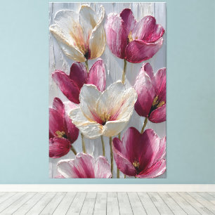 Lienzo Flores magenta y blancas con textura dorada