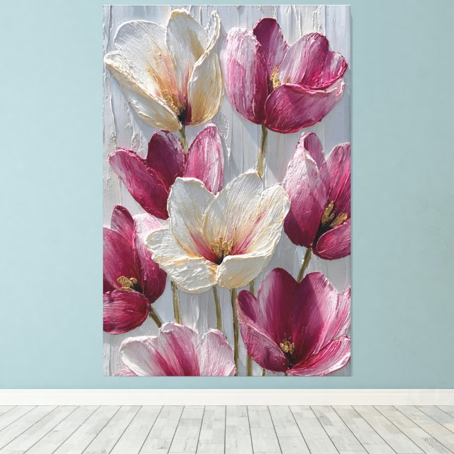 Lienzo Flores magenta y blancas con textura dorada (Insitu (piso de madera))