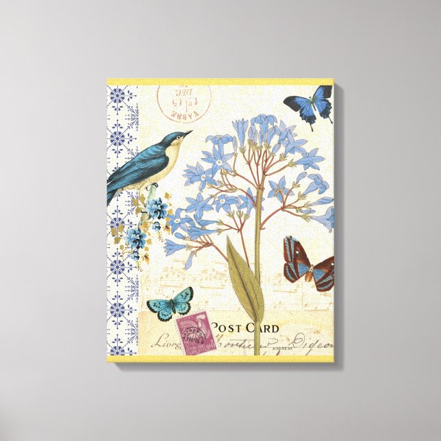 Lienzo Flores, mariposas y collage de aves (Anverso)