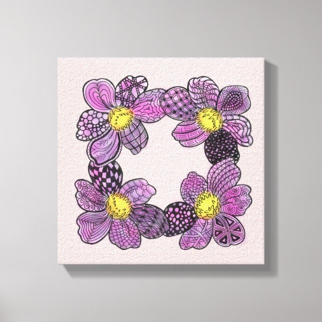 Lienzo Flores moradas con garabatos de estambres amarillo (Anverso)