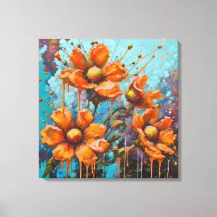 Lienzo Flores Naranjas Con Goteos De Pintura