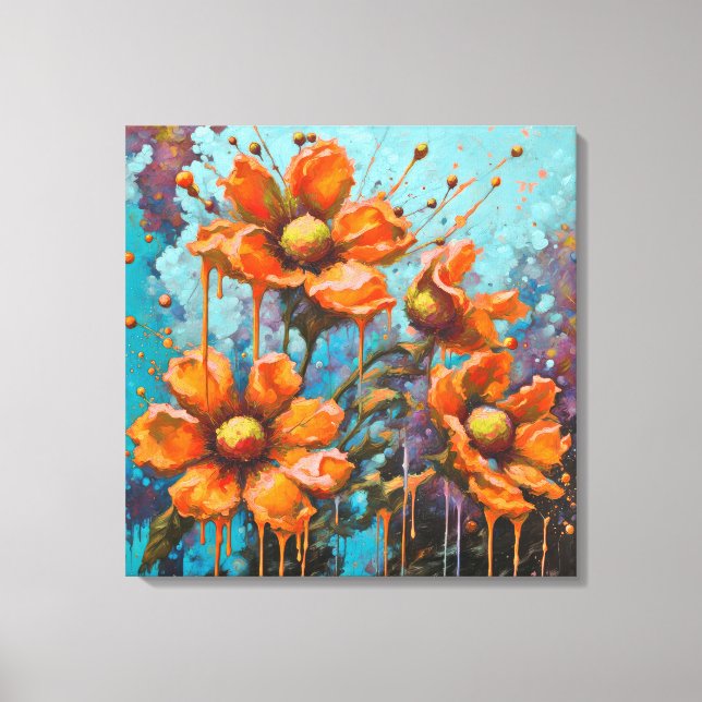 Lienzo Flores Naranjas Con Goteos De Pintura (Anverso)