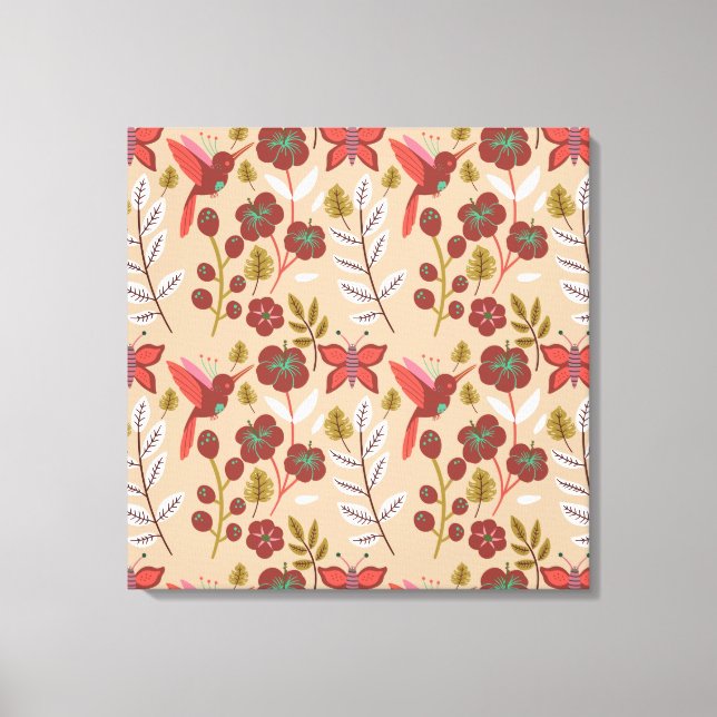 Lienzo Flores, pájaros, mariposa, sin costuras florales (Anverso)