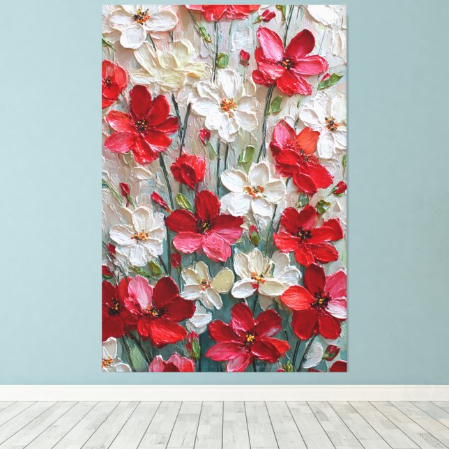 Lienzo Flores rojas y blancas con tallos verdes Impasto  (Insitu (piso de madera))