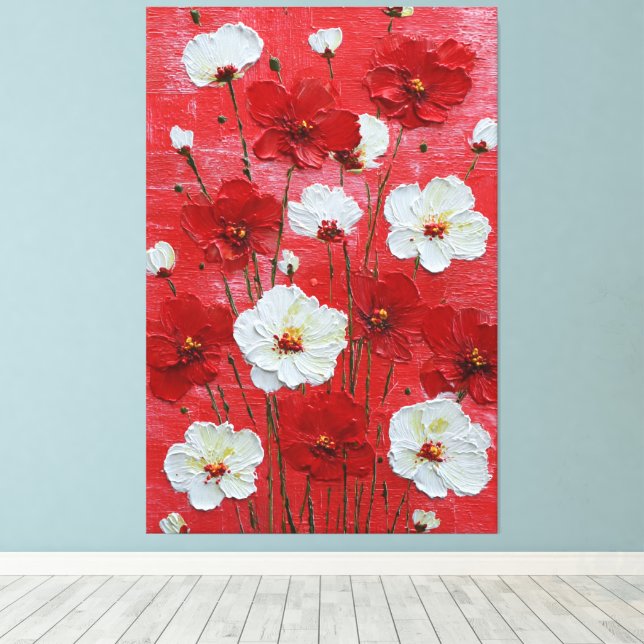 Lienzo Flores rojas y blancas sobre fondo rojo Impasto (Insitu (piso de madera))