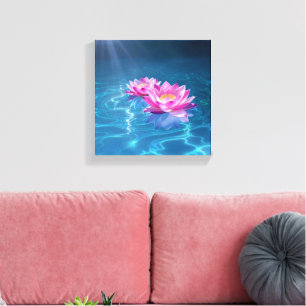 Lienzo Flores rosa de Lotus flotando en agua azul cristal
