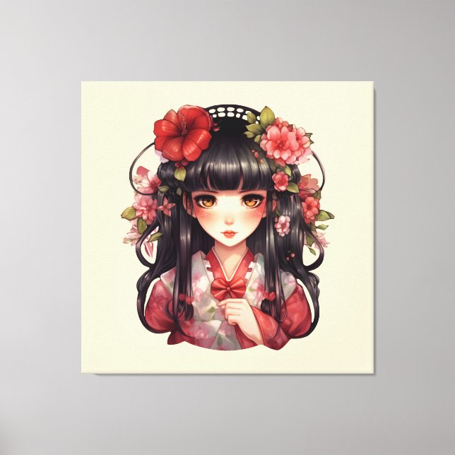 Lienzo Flores rosadas de chica anime (Anverso)