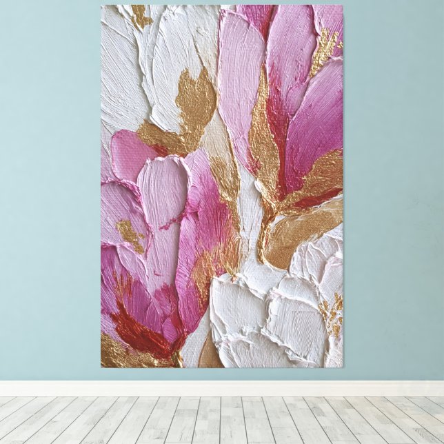 Lienzo Flores rosadas y blancas con textura dorada abstra (Insitu (piso de madera))