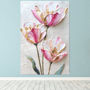 Lienzo Flores rosadas y blancas con textura dorada abstra