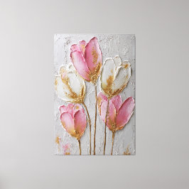 Lienzo Flores rosadas y blancas con textura dorada abstra