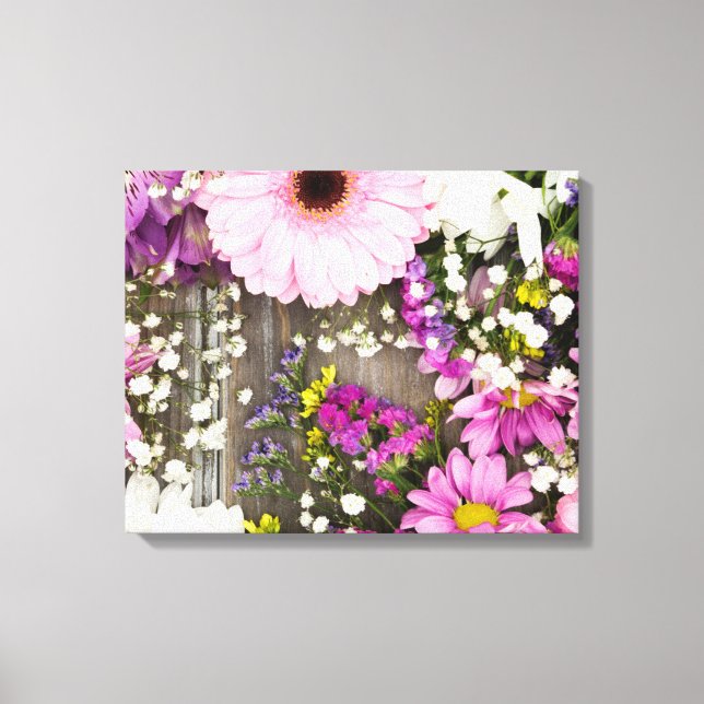 Lienzo Flores rosas y moradas en la madera (Anverso)