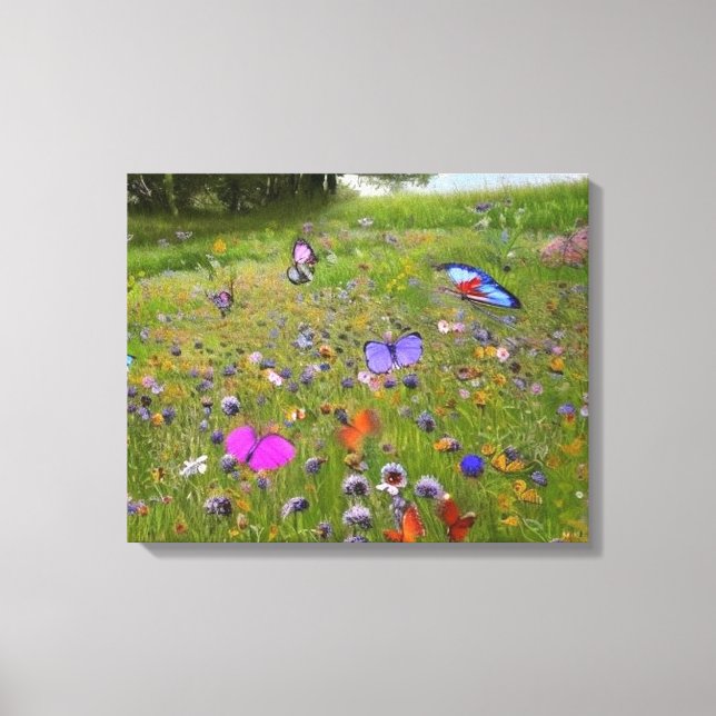 Lienzo Flores silvestres y mariposas en el campo (Anverso)