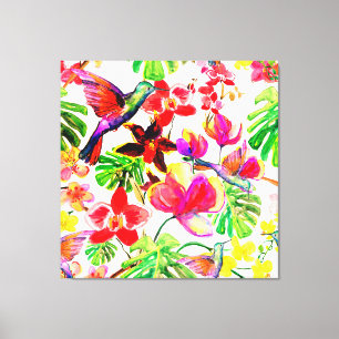 Lienzo Flores Tropicales Orquídeas Y Aves Que Recorren