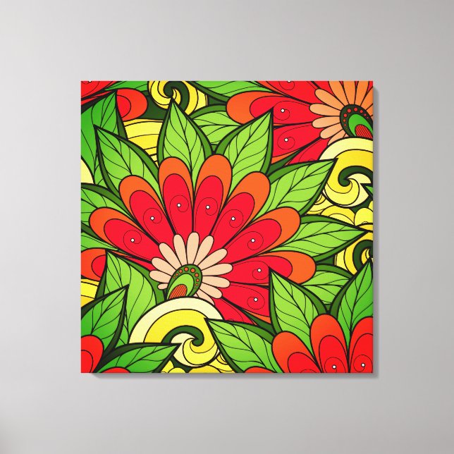 Lienzo Flores Verdes Y Bañeras Elegantes De Naranja Rojo (Anverso)