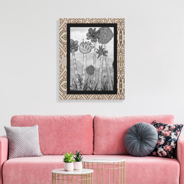 Lienzo Flores y tallos divertidos en blanco y negro (Insitu (Sala de estar))