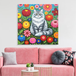 Lienzo Fluffy Gray Striped Cat with Folk Art Flowers
