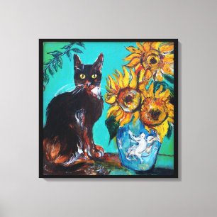 LIENZO FLUJOS CON GATO NEGRO EN TURQUÍA AZUL