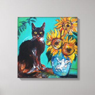 LIENZO FLUJOS CON GATO NEGRO EN TURQUÍA AZUL