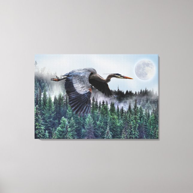 Lienzo Flying Great Blue Heron & Misty Forest Wildlife (Anverso)