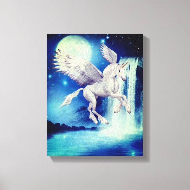 Lienzo Flying Unicorn Waterfall Fantasy Horse Art (Anverso)