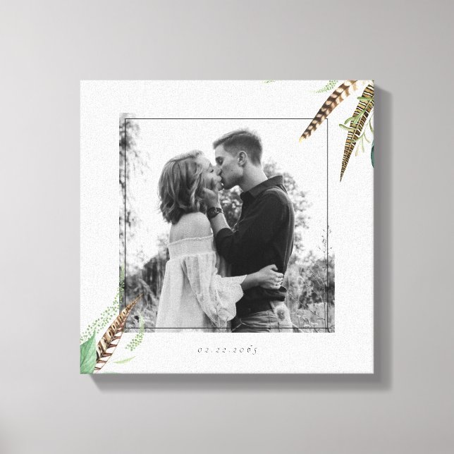 Lienzo Foliage & Feathers Engagement Photo Boda Fecha (Anverso)