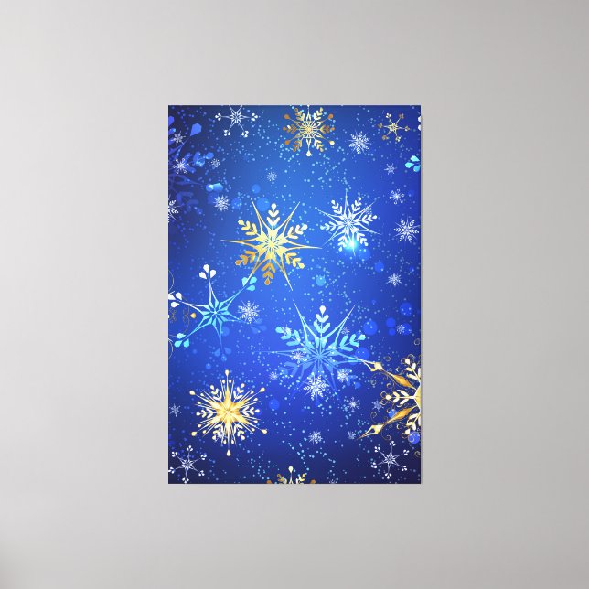 Lienzo Fondo azul XMAS con copos de nieve dorados (Anverso)