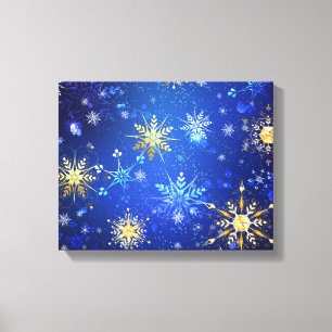 Lienzo Fondo azul XMAS con copos de nieve dorados