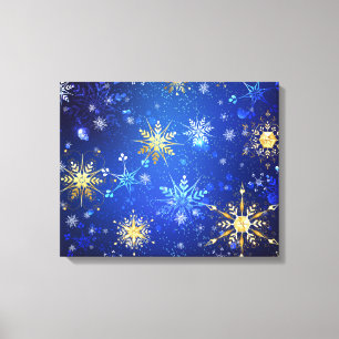Lienzo Fondo azul XMAS con copos de nieve dorados