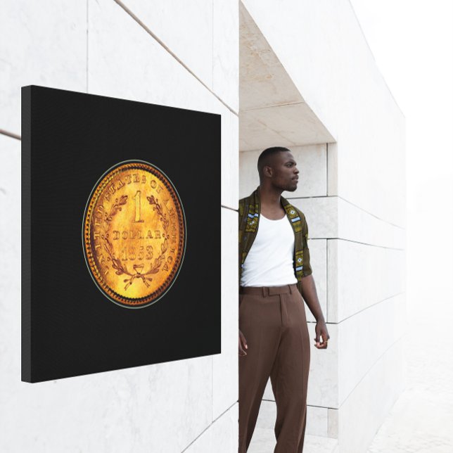 Lienzo Fondo negro de una moneda de 1853 dólares dorados (One Golden Dollar 1853 Coin Black Background Canvas Print)