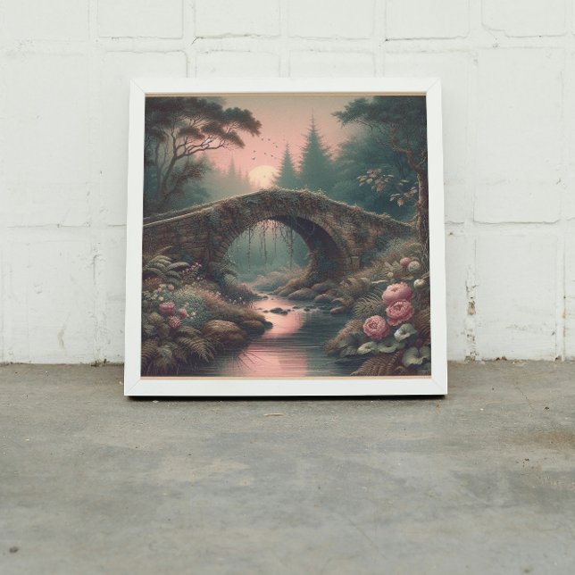 Lienzo Forgotten Ivy Bridge in Twilight Misty Forest (Twilight glow meets vintage mystery in this misty forest bridge scene 🌕

)