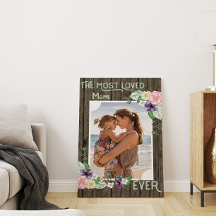 Lienzo Foto de mamá con letras a mano Rústico madera y fl