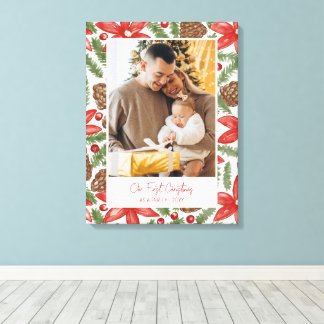 Lienzo Foto de Navidad de Poinsettia y Pino en Acuarela