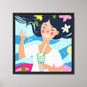 Lienzo Foto de verano, feliz chica con vaso de agua