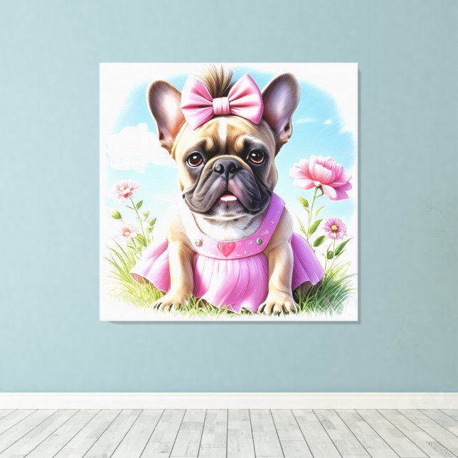 Lienzo Französische Bulldogge Blumen French Bulldog (Insitu (piso de madera))