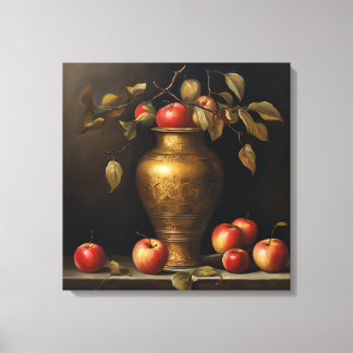 Lienzo Frasco dorado de pintura clásica y manzanas rojas